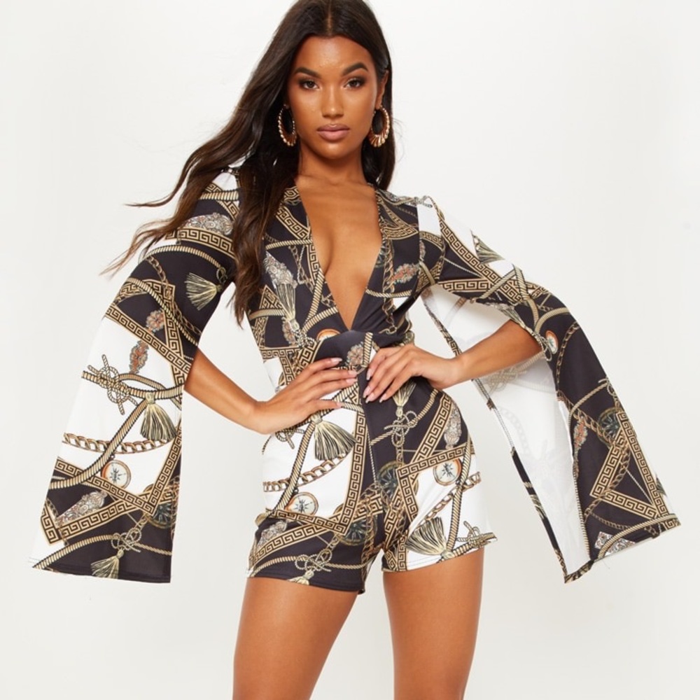 black rope chain print plunge flare sleeve romper
